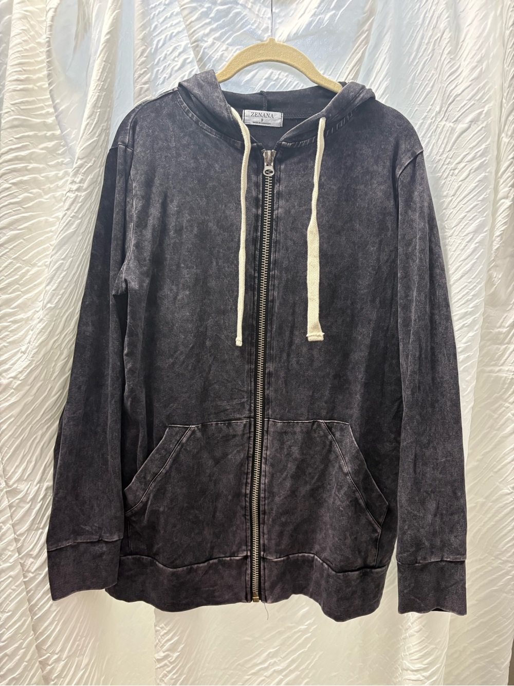 Zenana Outfitters Washed Black Full-Zip Hoodie with Cream Drawcords